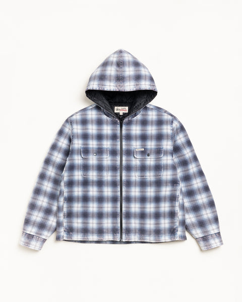 Zip Hooded Plaid Shirt Mens Long Sleeve In Blue