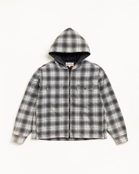 Zip Hooded Plaid Shirt Mens Long Sleeve In Charcoal