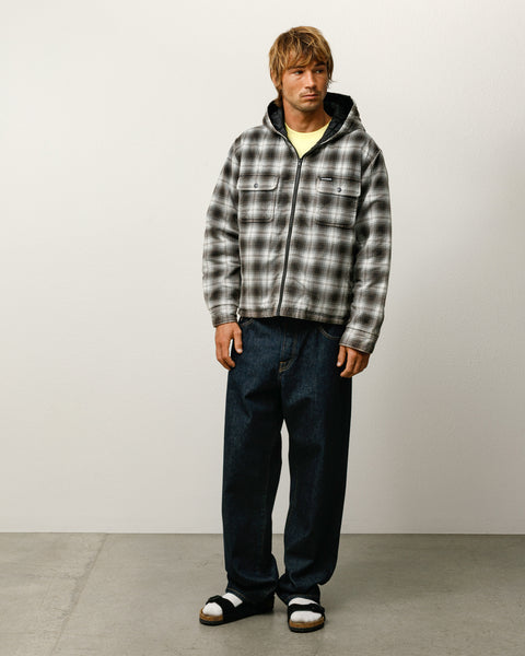 Zip Hooded Plaid Shirt Mens Long Sleeve In Charcoal