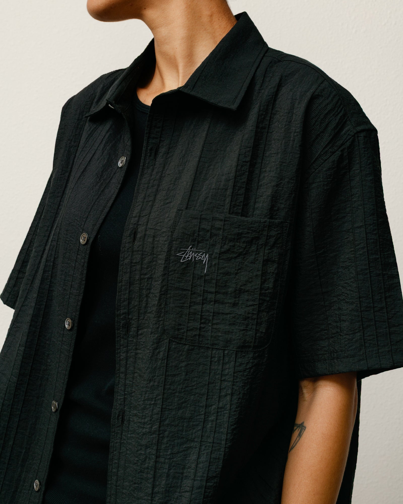 Pleated Textured Shirt Mens Long Sleeve In Black
