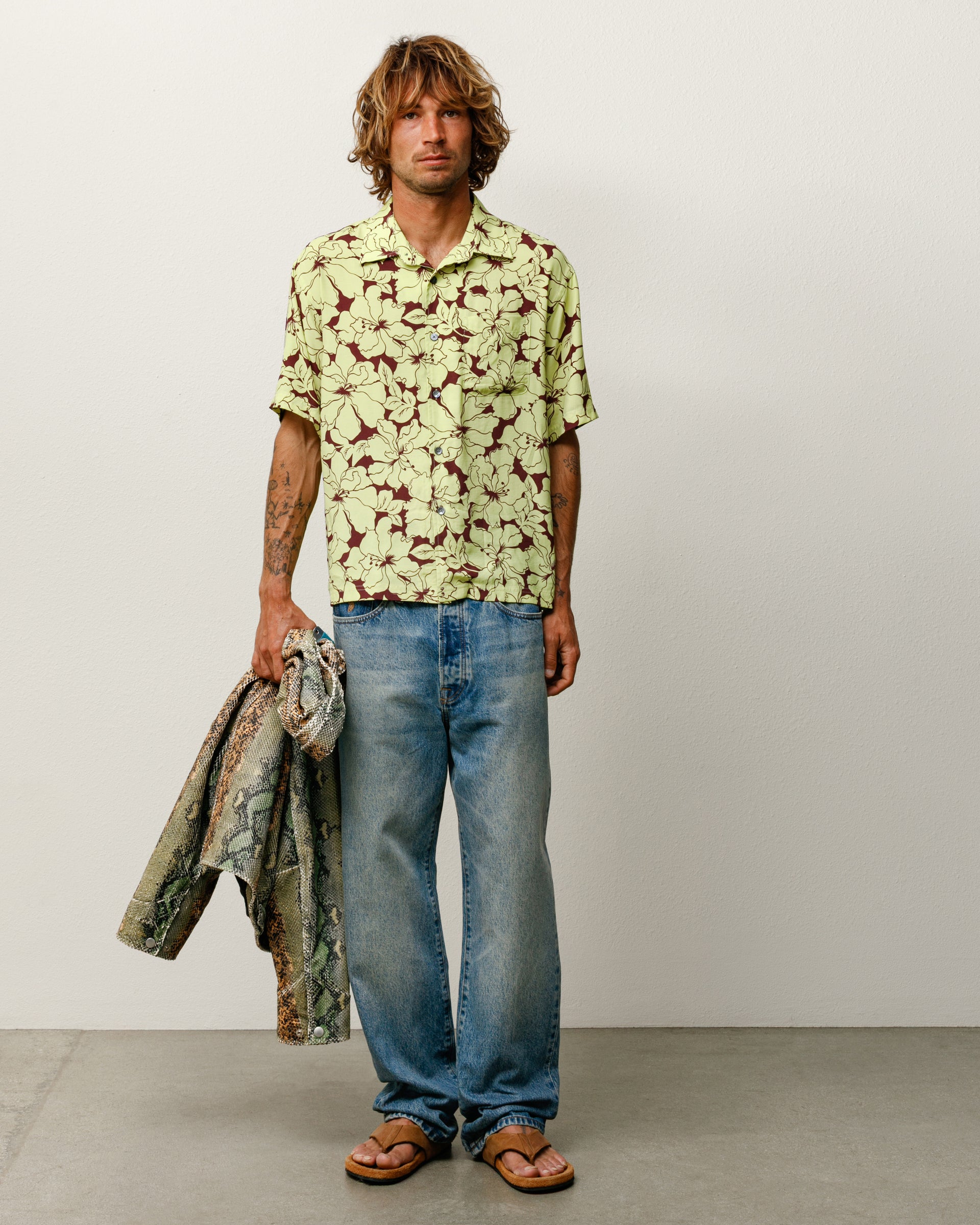 Floral Hawaiian Shirt Mens Short Sleeve In Lime