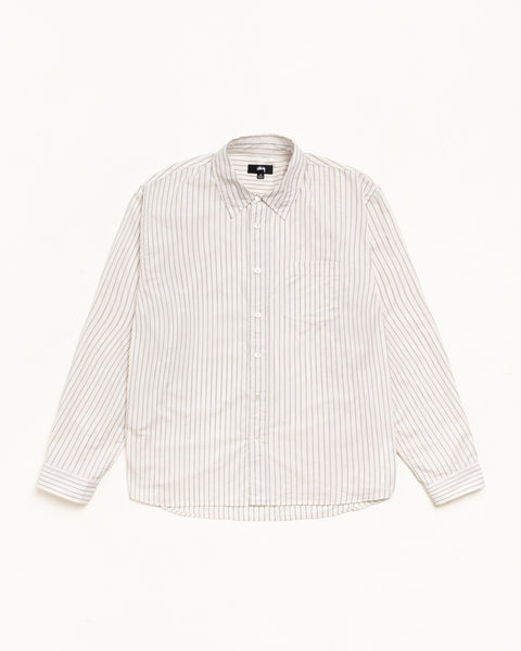 Natural stripe long-sleeve button-up shirt with chest pocket, white buttons and curved hem