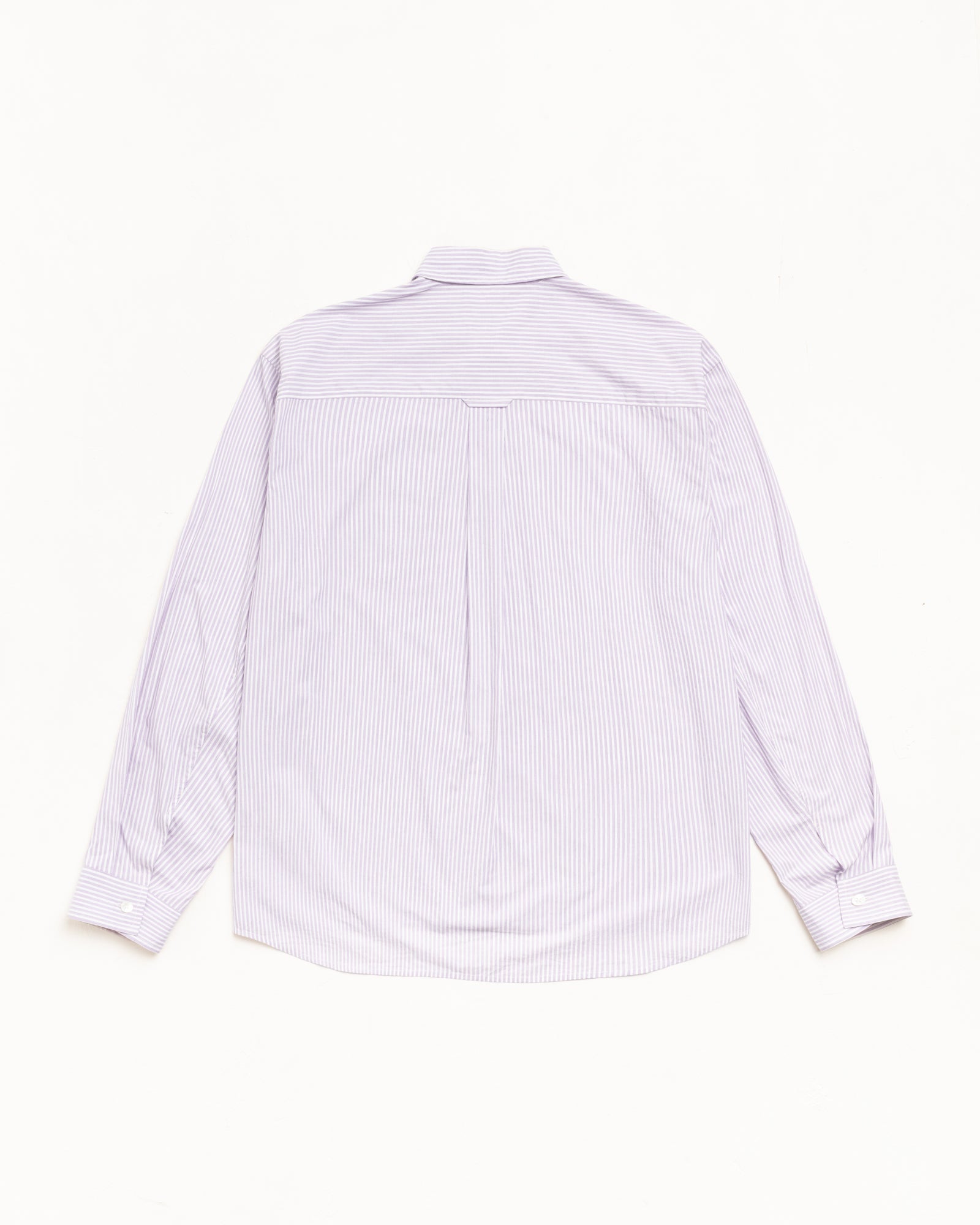 Purple stripe long-sleeve button-up shirt, back view with yoke pleat and buttoned cuffs