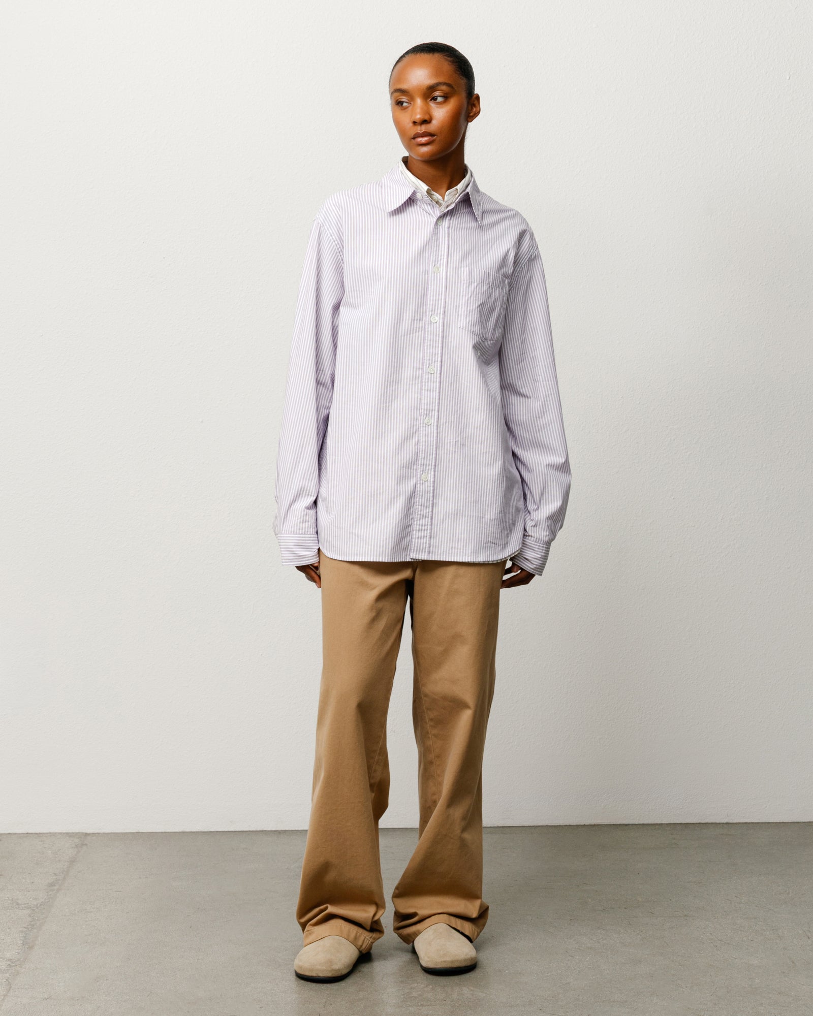 Purple stripe unisex long sleeve shirt with button front and chest pocket