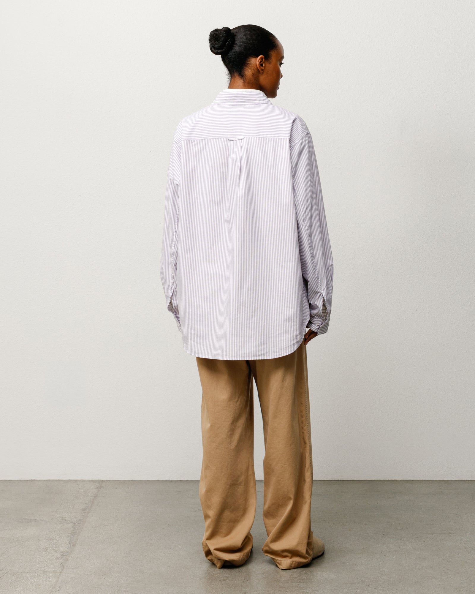 Purple Stripe Unisex Long Sleeve Shirt, Back View, Relaxed Fit