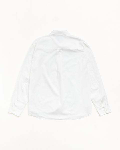 Back View Of Unisex White Long Sleeve Shirt With Yoke Pleat, Buttoned Cuffs, Curved Hem