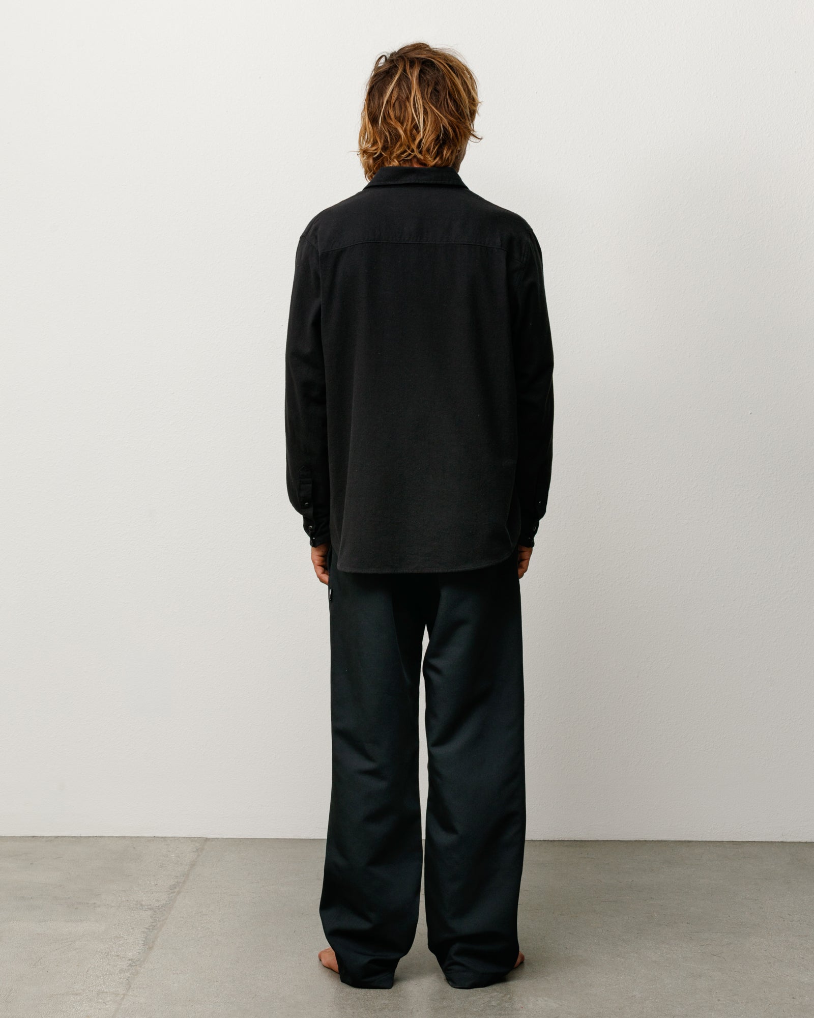 Cotton Silk Western Shirt Unisex Long Sleeve In Black, back view on model