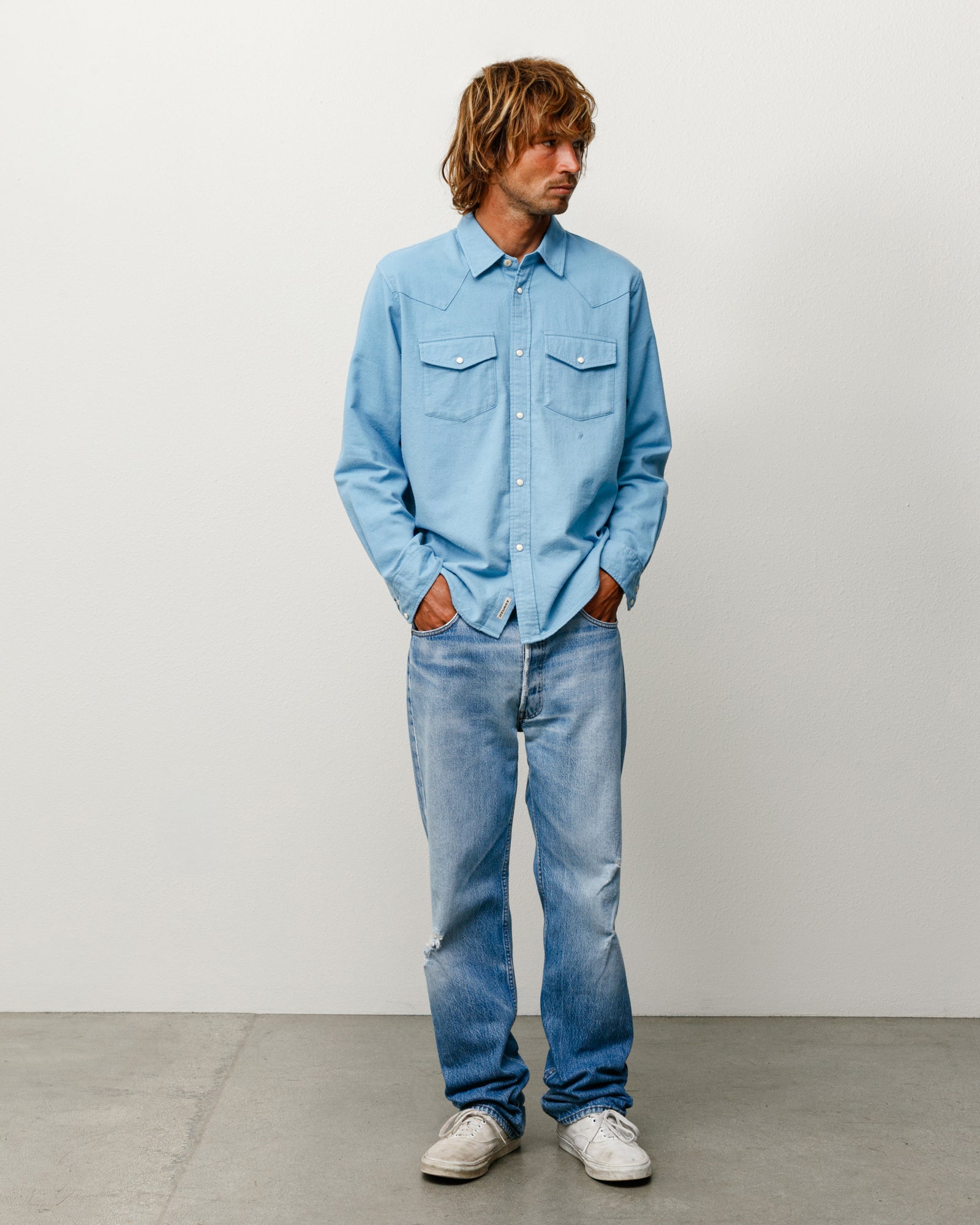 Blue Cotton Silk Western Shirt Unisex Long Sleeve With Snap Pockets