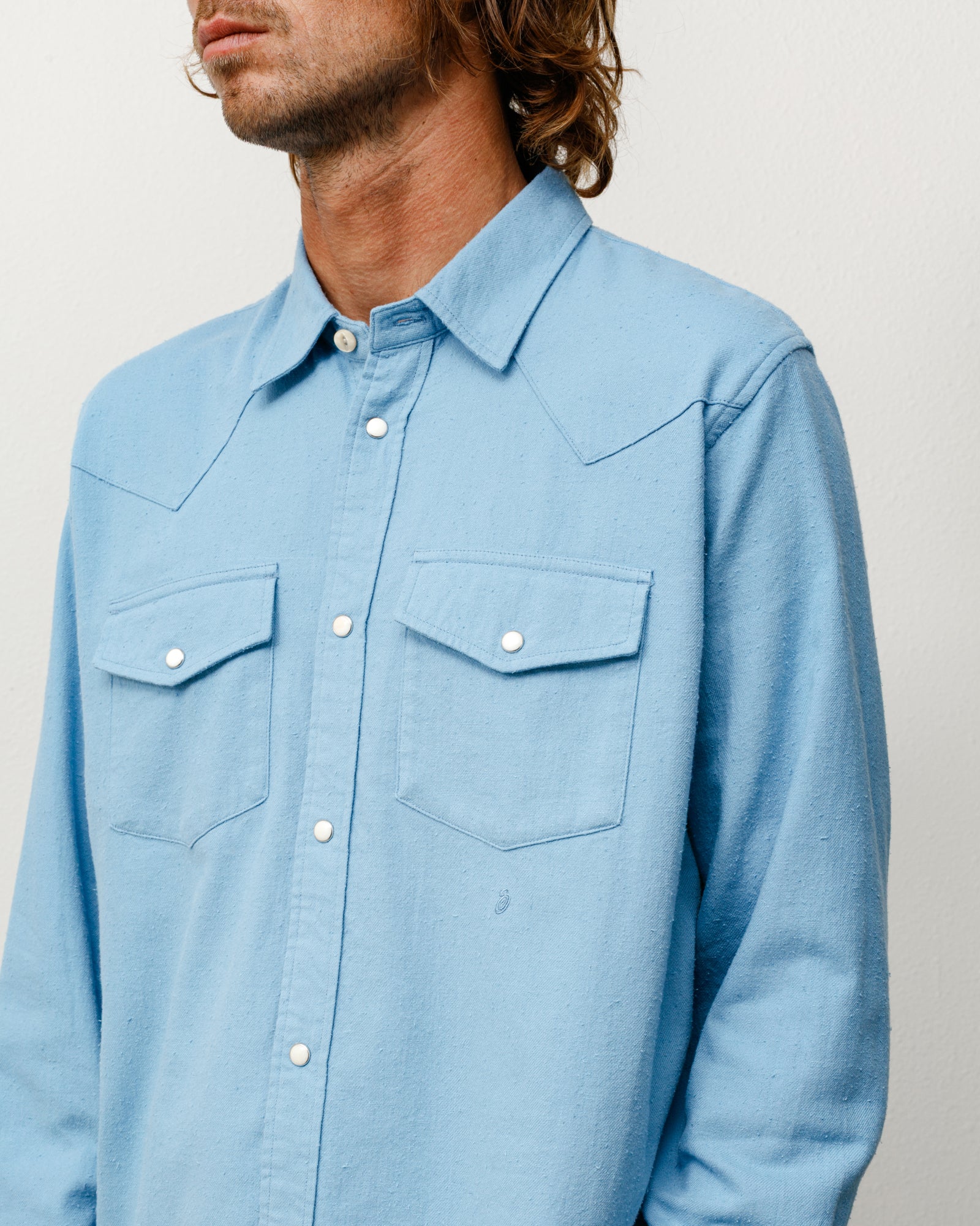 Cotton Silk Western Shirt Unisex Long Sleeve In Blue