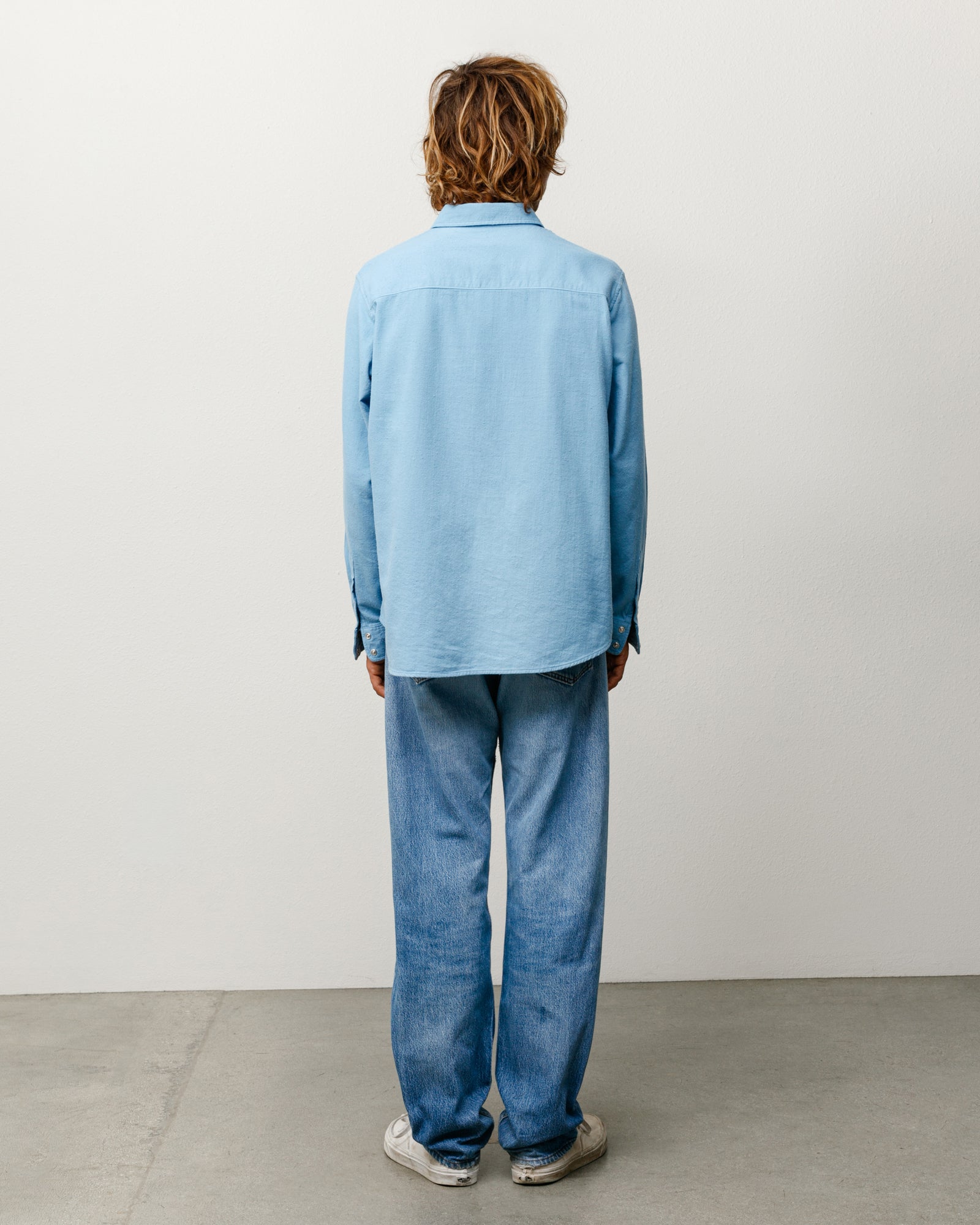 Cotton Silk Western Shirt Unisex Long Sleeve In Blue, Back View
