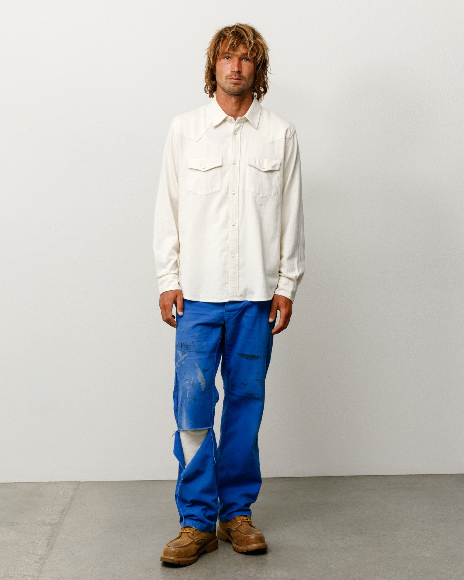 Off white cotton-silk western shirt, long sleeve with snap pockets, shown on model