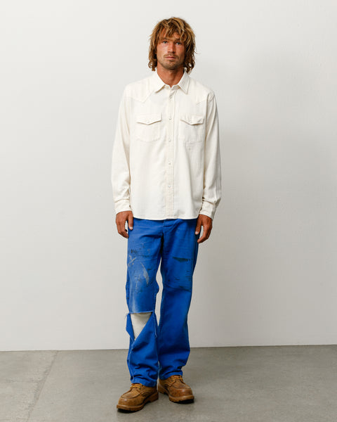 Off white cotton-silk western shirt, long sleeve with snap pockets, shown on model