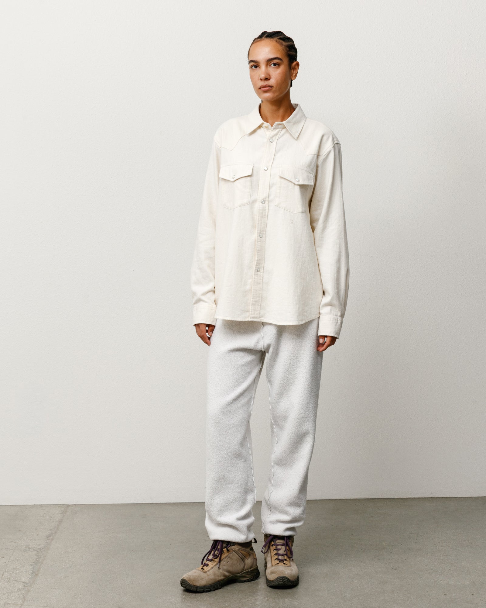Cotton Silk Western Shirt Unisex Long Sleeve In Off White