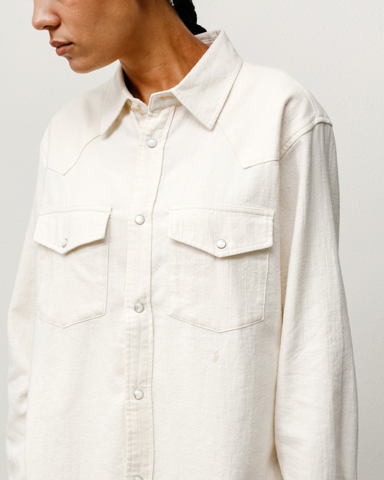 Cotton Silk Western Shirt Unisex Long Sleeve In Off White With Snap Front And Chest Flap Pockets