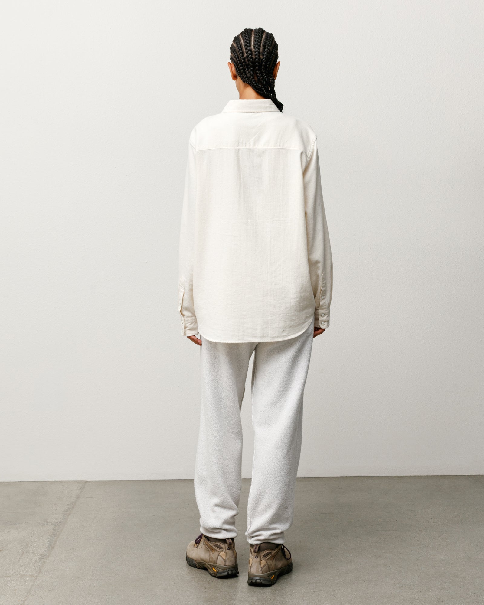 Off white cotton-silk Western shirt, long-sleeve back view on model