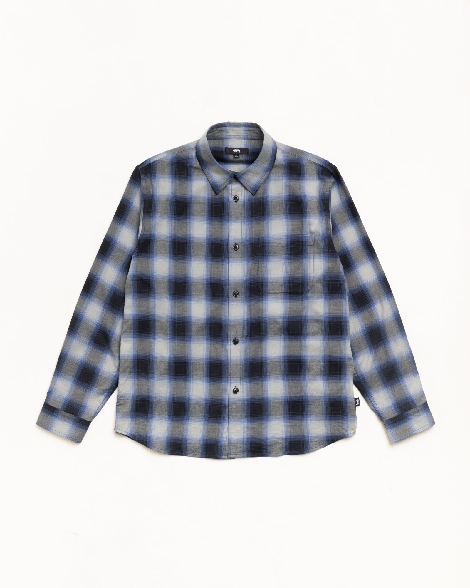 Ombre Plaid Long Sleeve Button-Up Shirt In Black With Chest Pocket And Curved Hem