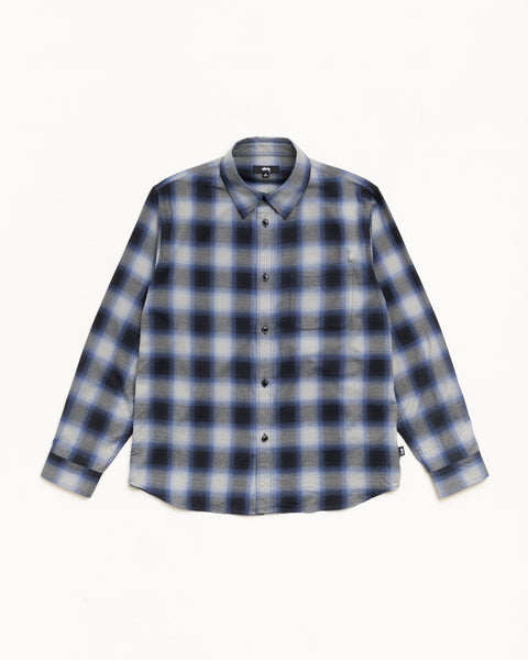 Ombre Plaid Long Sleeve Button-Up Shirt In Black With Chest Pocket And Curved Hem