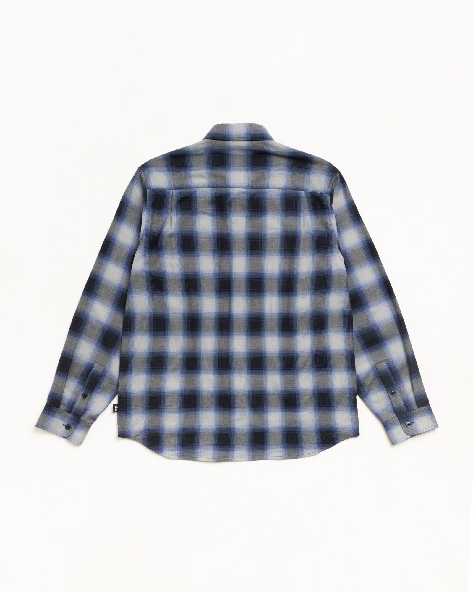 Black ombre plaid long-sleeve shirt, back view with curved hem