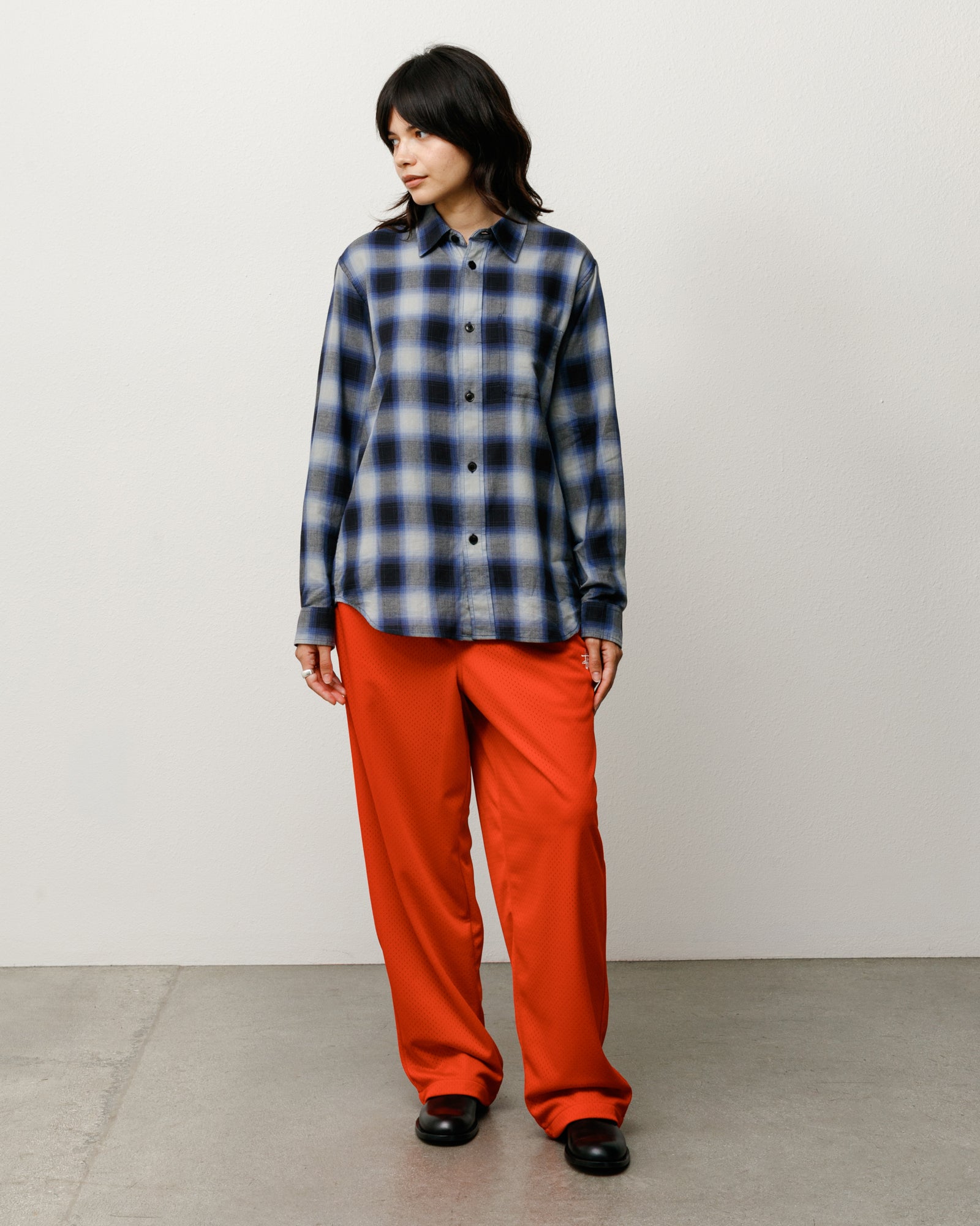 Unisex Long Sleeve Ombre Plaid Shirt in Black, Relaxed Fit