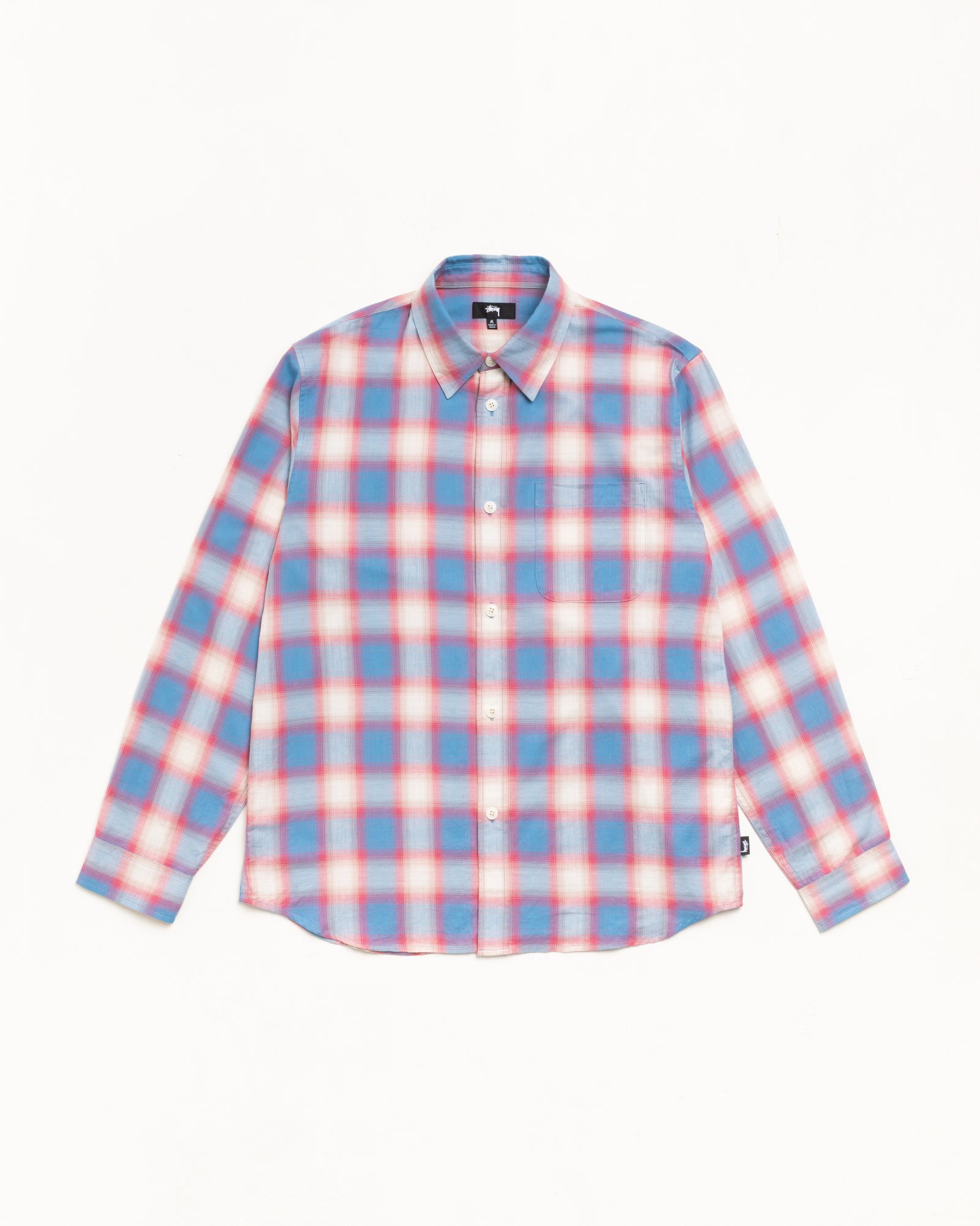Blue Ombre Plaid Unisex Long Sleeve Shirt With Chest Pocket And Collar