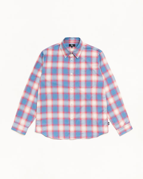 Blue Ombre Plaid Unisex Long Sleeve Shirt With Chest Pocket And Collar