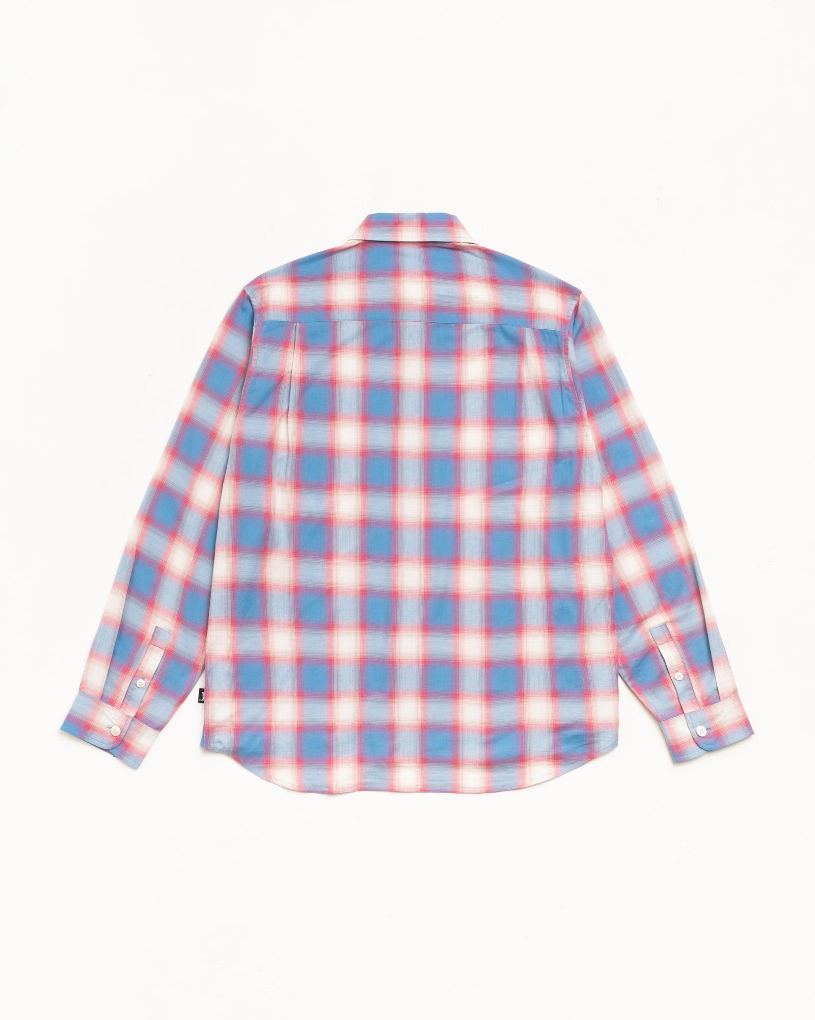 Blue ombre plaid long-sleeve shirt, back view laid flat with buttoned cuffs