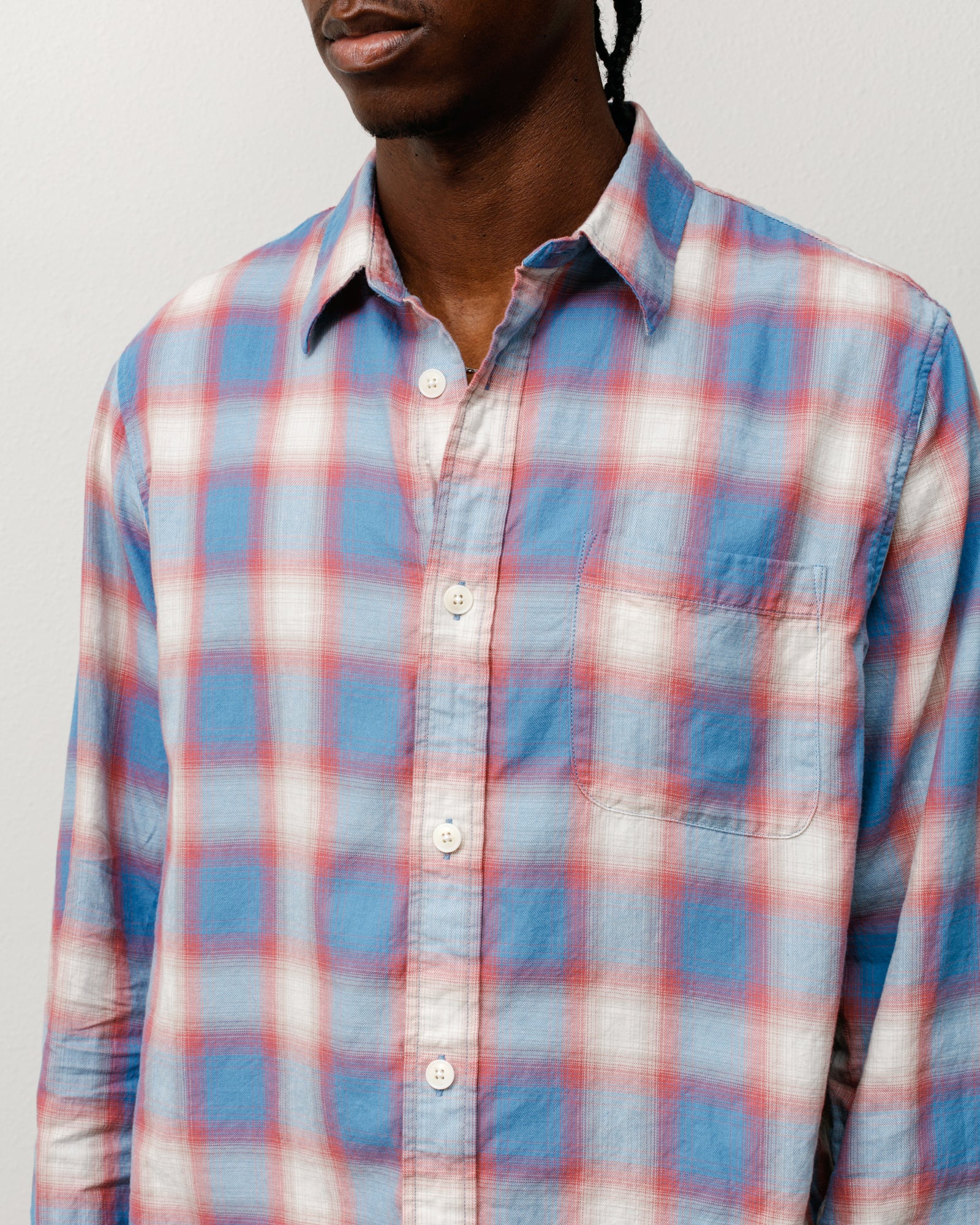 Blue Ombre Plaid Long Sleeve Button-Up Shirt With Chest Pocket In A Soft Washed Weave