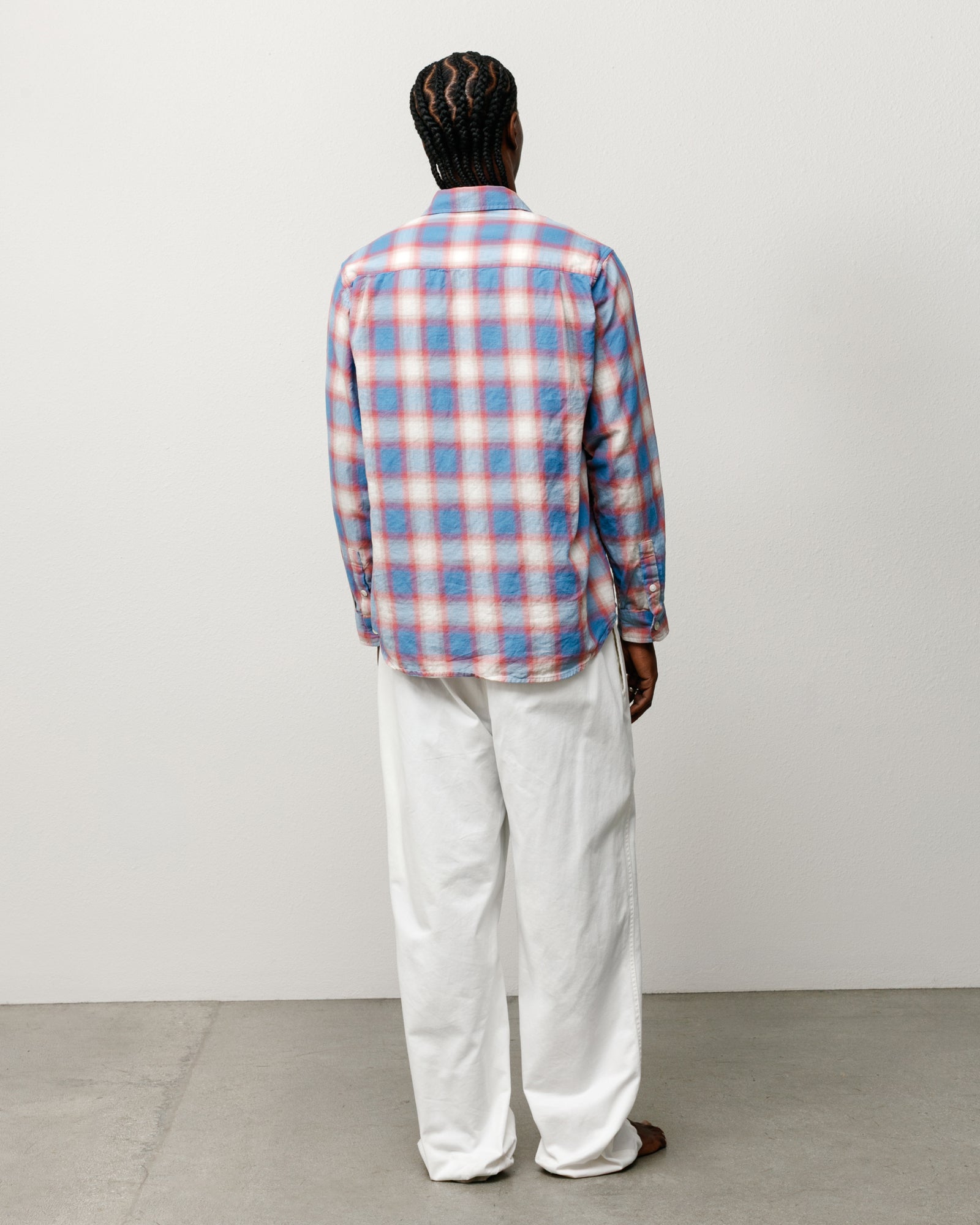 Blue ombré plaid washed-cotton relaxed long-sleeve shirt, back view