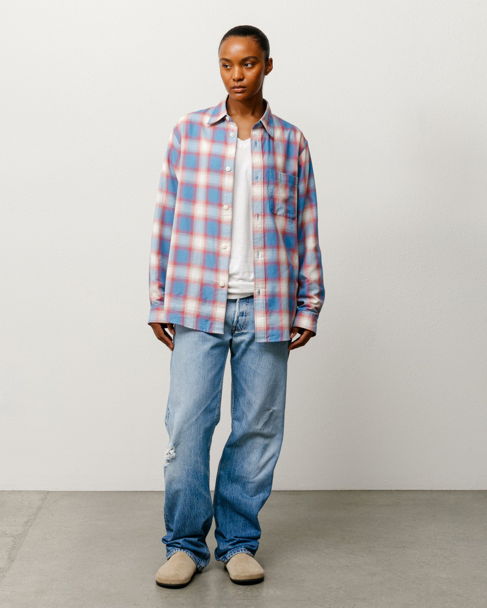 Ombre Plaid Button Down Shirt Unisex Long Sleeve In Blue