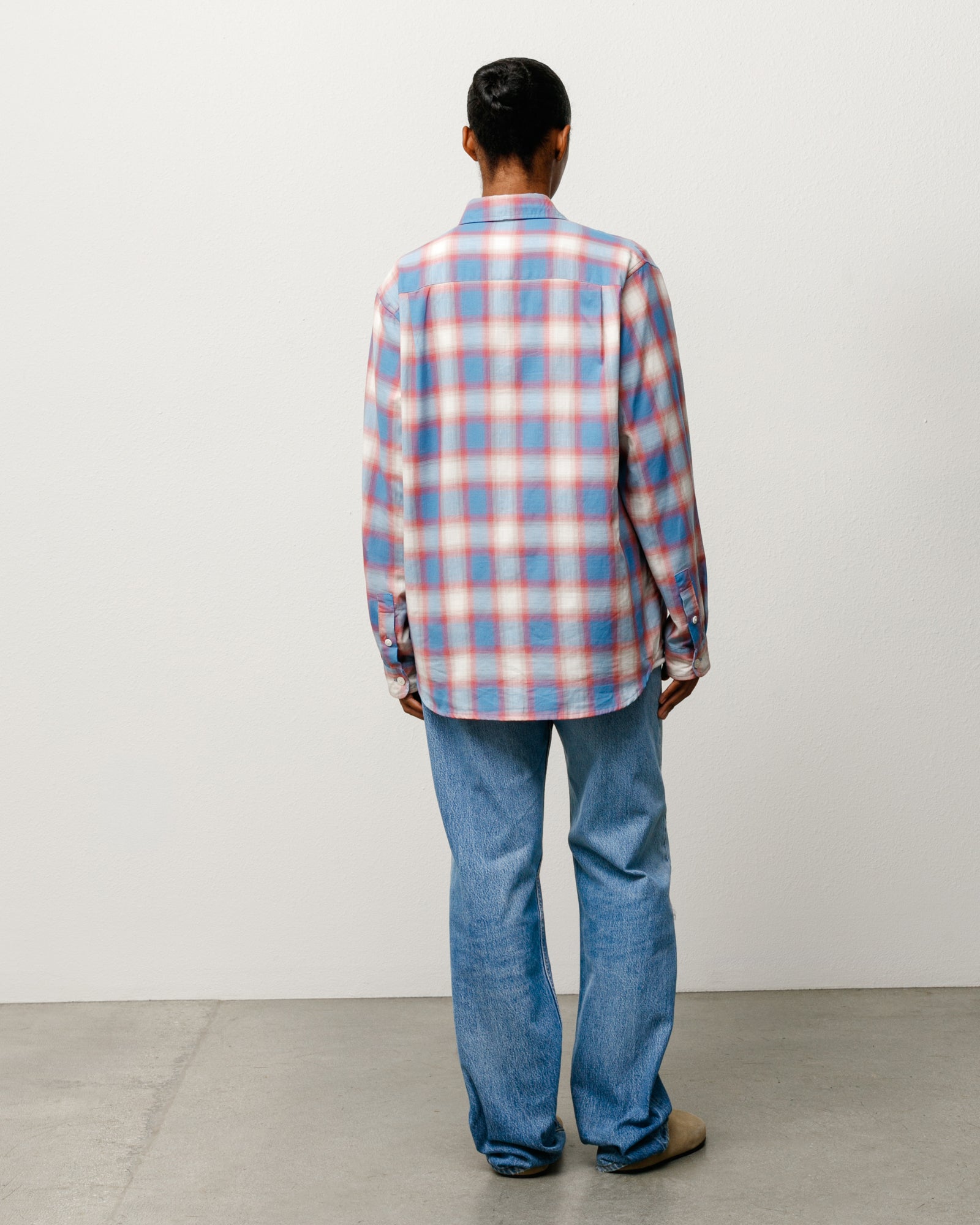 Beach Ombre Plaid Shirt Unisex Relaxed-Fit Long Sleeve In Blue, back view