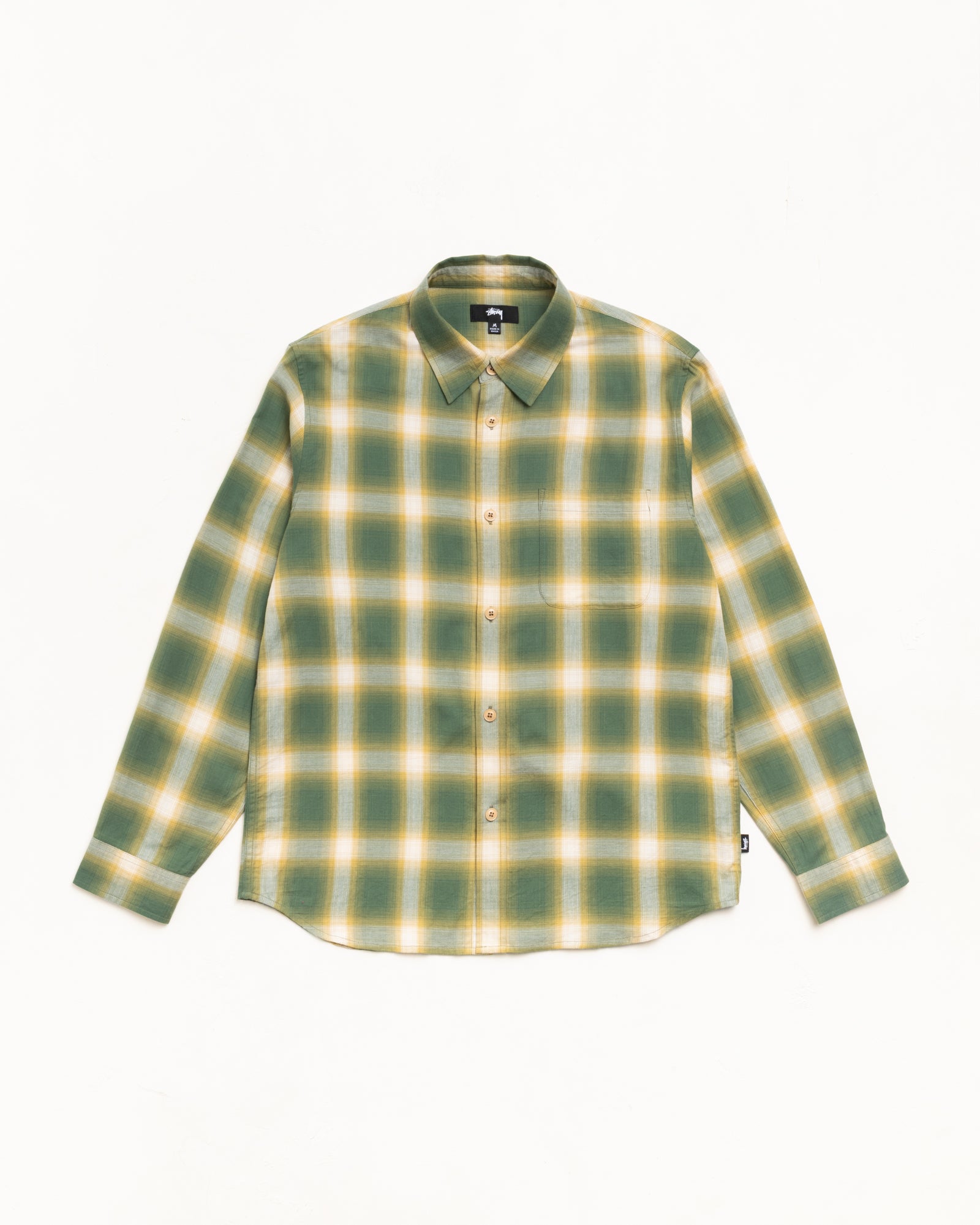 Green ombré plaid long-sleeve button-up shirt with single chest pocket