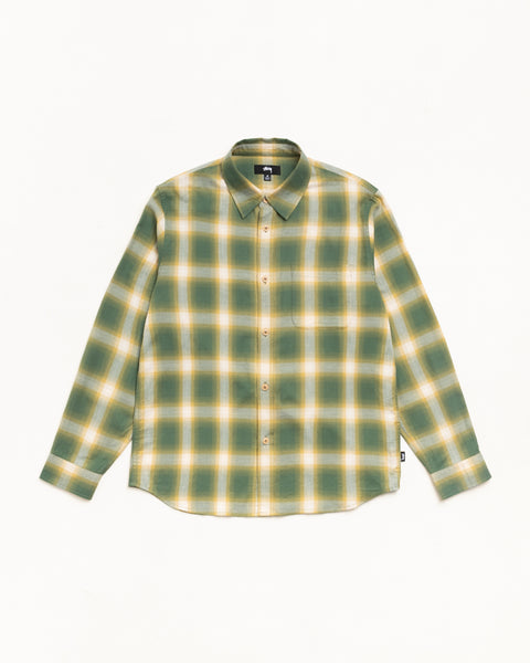 Green ombré plaid long-sleeve button-up shirt with single chest pocket