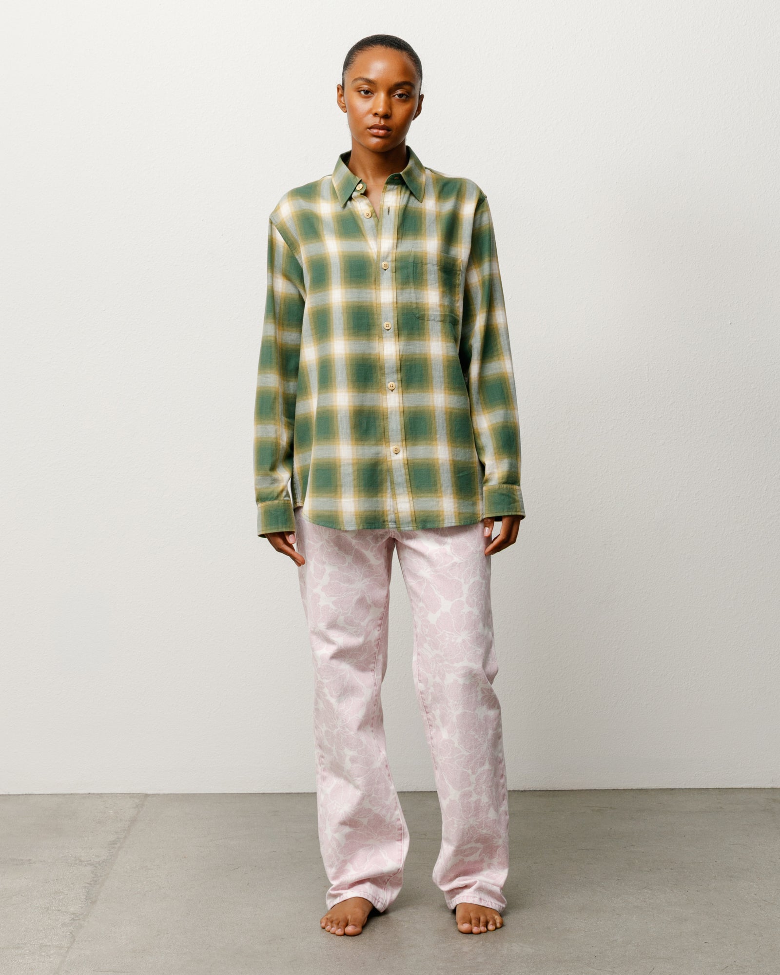 Ombre Plaid Shirt Unisex Long Sleeve In Green, Button Front
