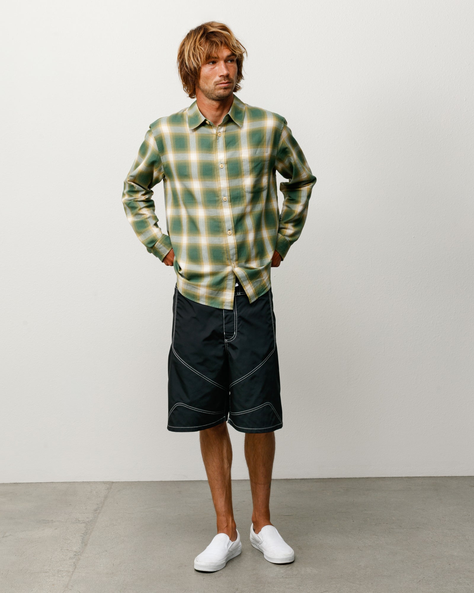 Beach Ombre Plaid Shirt Unisex Long Sleeve In Green