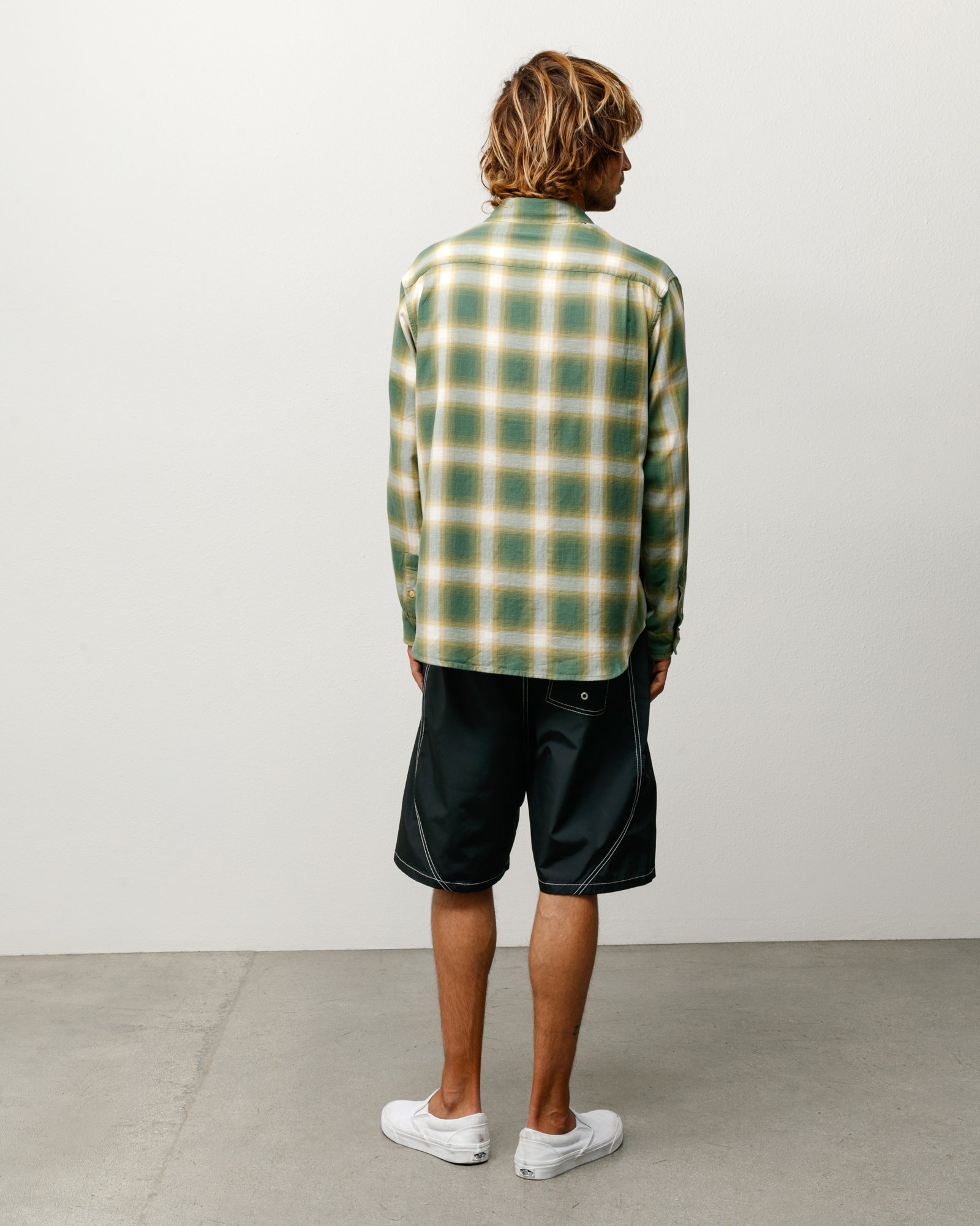 Green ombre plaid long-sleeve shirt, back view on model