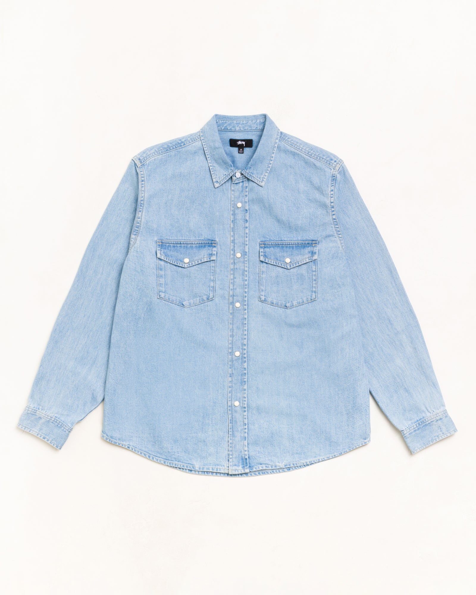 Denim Western Shirt Unisex Long Sleeve In Light Denim | hero:main:collection:new-arrivals,shirts,tops-shirts,all,tees,outerwear,denim,knits,accessories,sunglasses,hoodies,sweats,mens-hoodies-sweatshirts,shorts,pants,bottoms,crew-sweats,zip-ups,swim,sweatpants,graphics,lazy-tees,swim,basic-9twenty,button-ups,shorts,cargos,denim-jeans,bottoms,bags,belts,wearables,gear,footwear,button-ups,basic-tops,jerseys,big-ol,classics,slim,jackets,all, | product-card-slider
