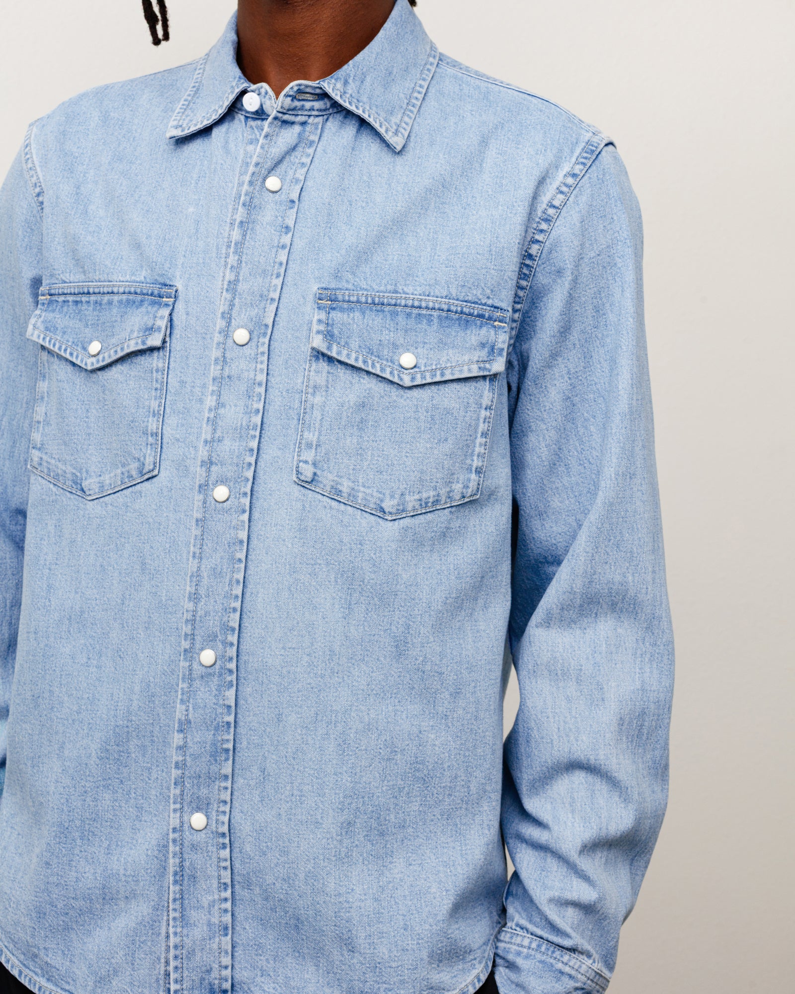 Denim Western Shirt Unisex Long Sleeve In Light Denim