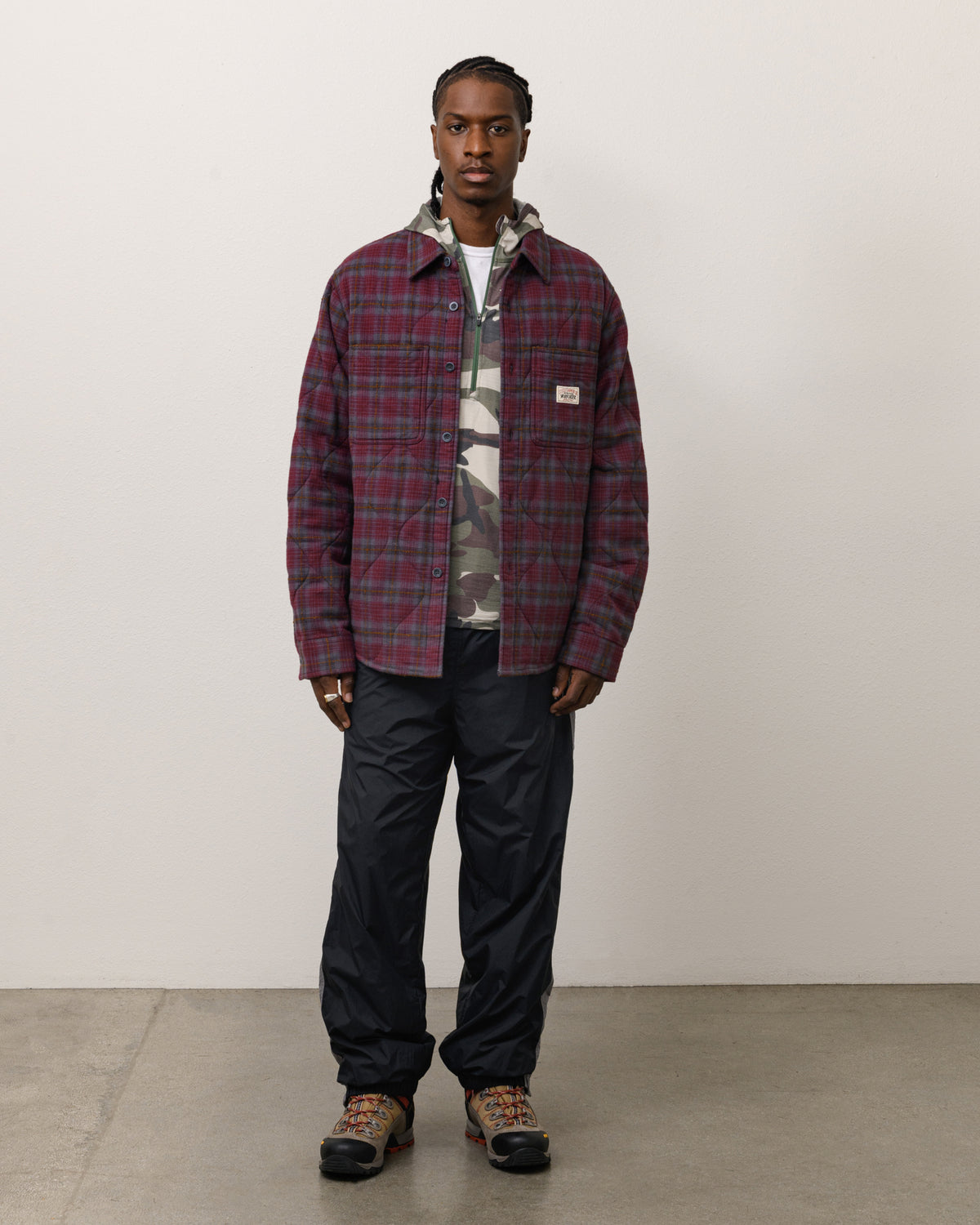 Quilted Plaid Shirt Jacket Unisex Long Sleeve In Grey