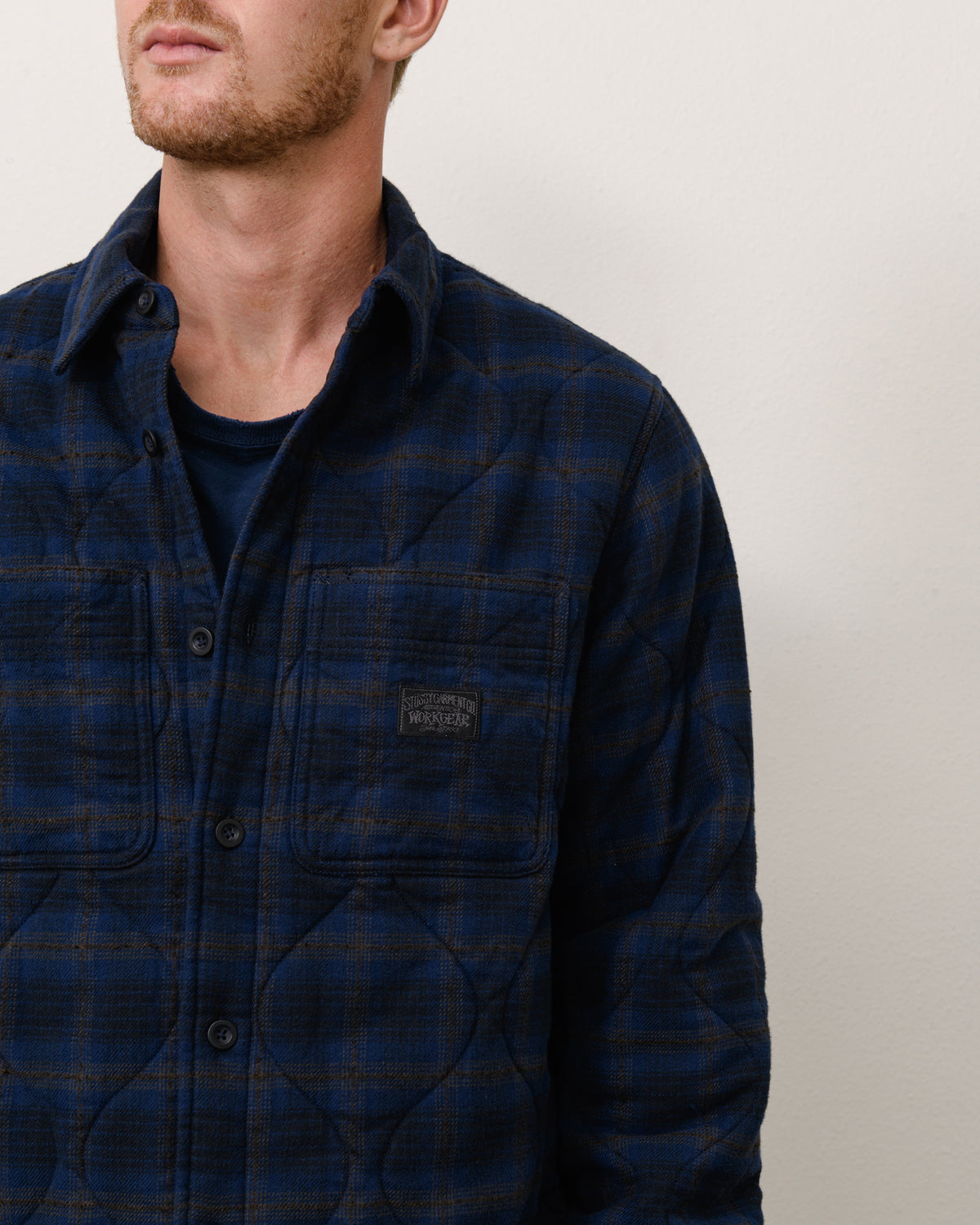 Quilted Plaid Shirt Jacket Unisex Long Sleeve In Navy