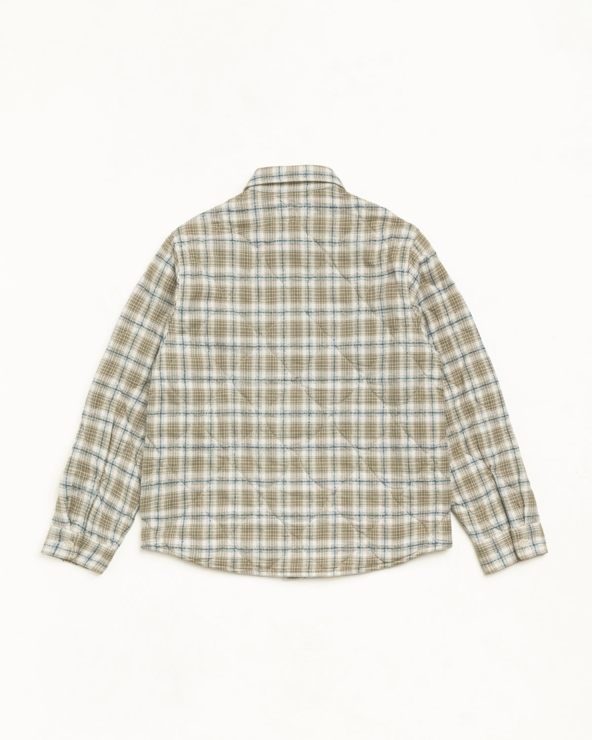 Quilted Plaid Shirt Jacket Unisex Long Sleeve In Olive