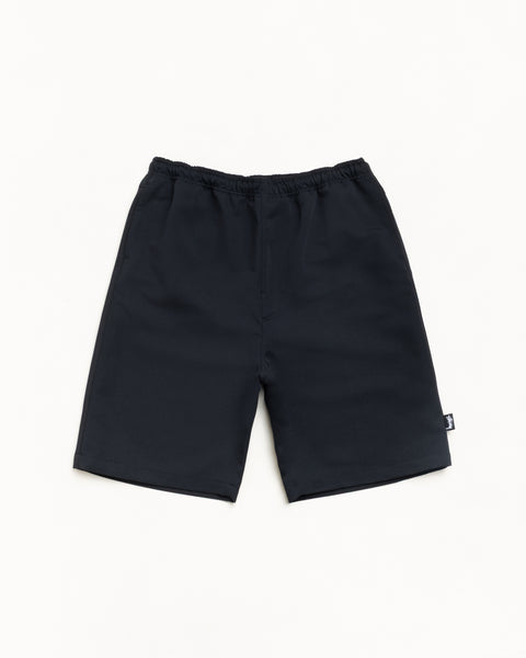 Black baggy beach shorts with elastic waist and side seam pockets