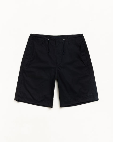 Black drawcord shorts with slant pockets and subtle logo embroidery