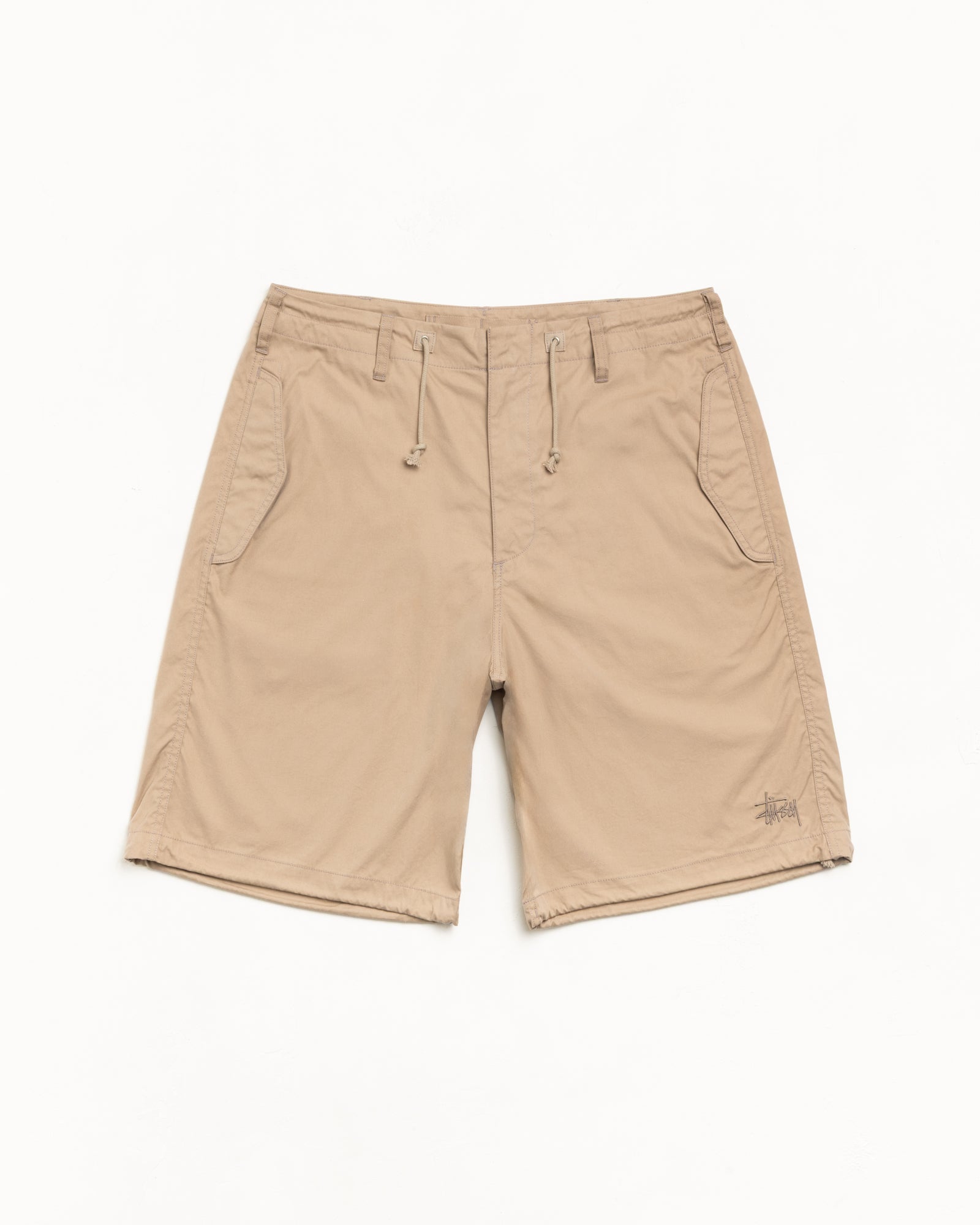Khaki drawcord shorts with belt loops, slash pockets and logo embroidery at hem