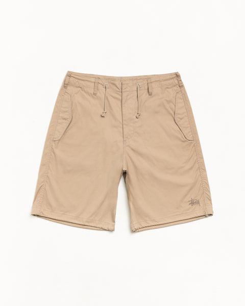 Khaki drawcord shorts with belt loops, slash pockets and logo embroidery at hem