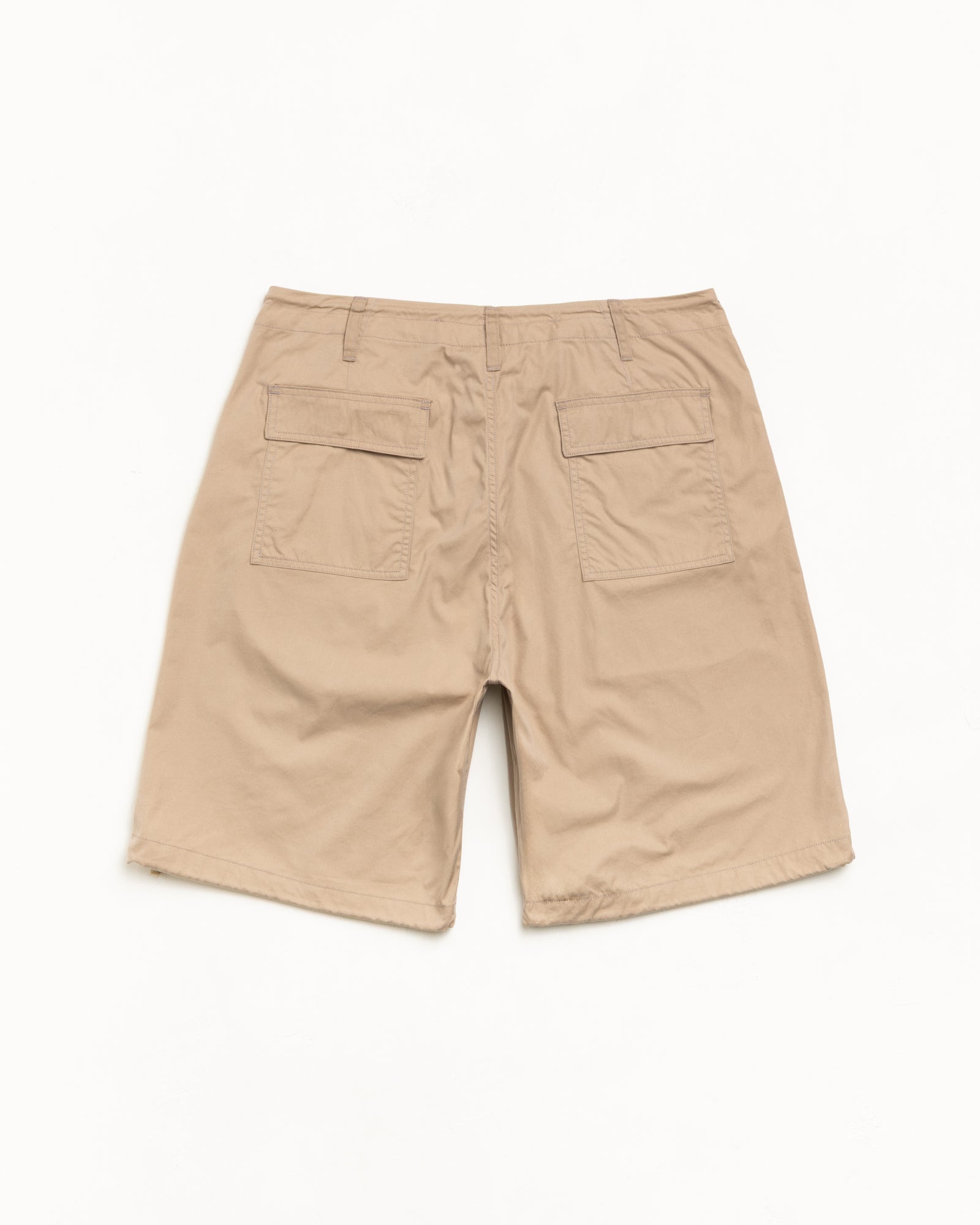 Khaki cotton-nylon surplus short shown from the back with dual flap pockets