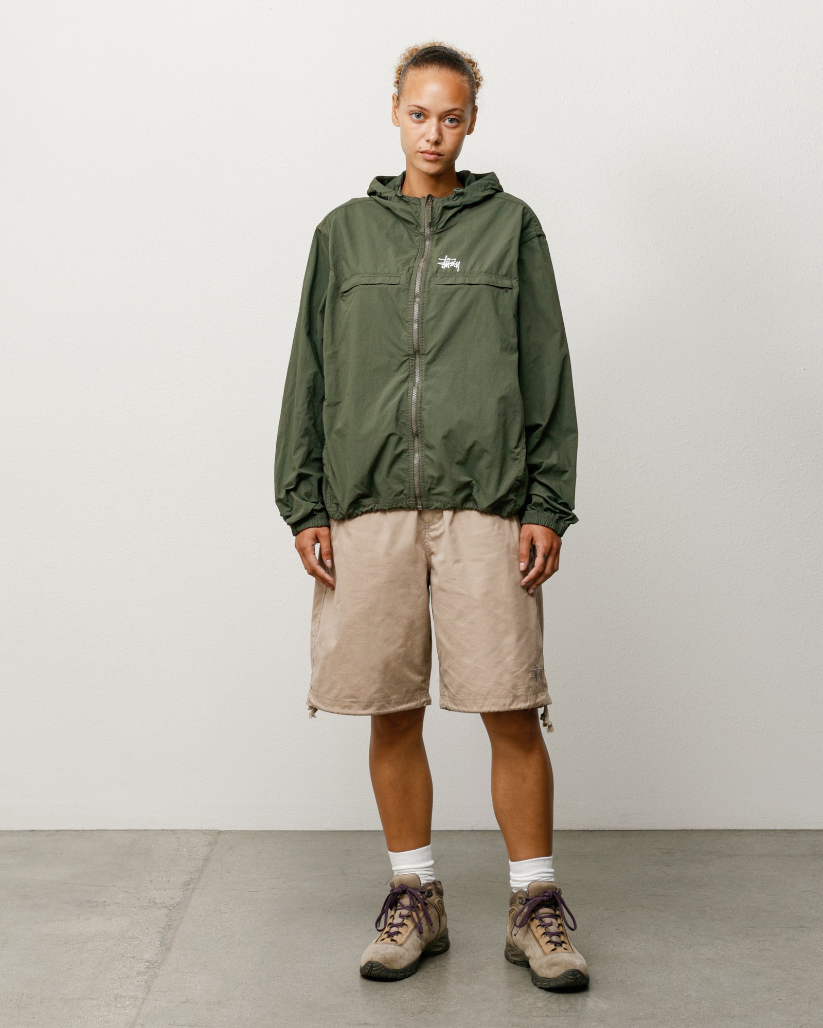 Surplus Short Unisex Regular In Khaki, front view on model