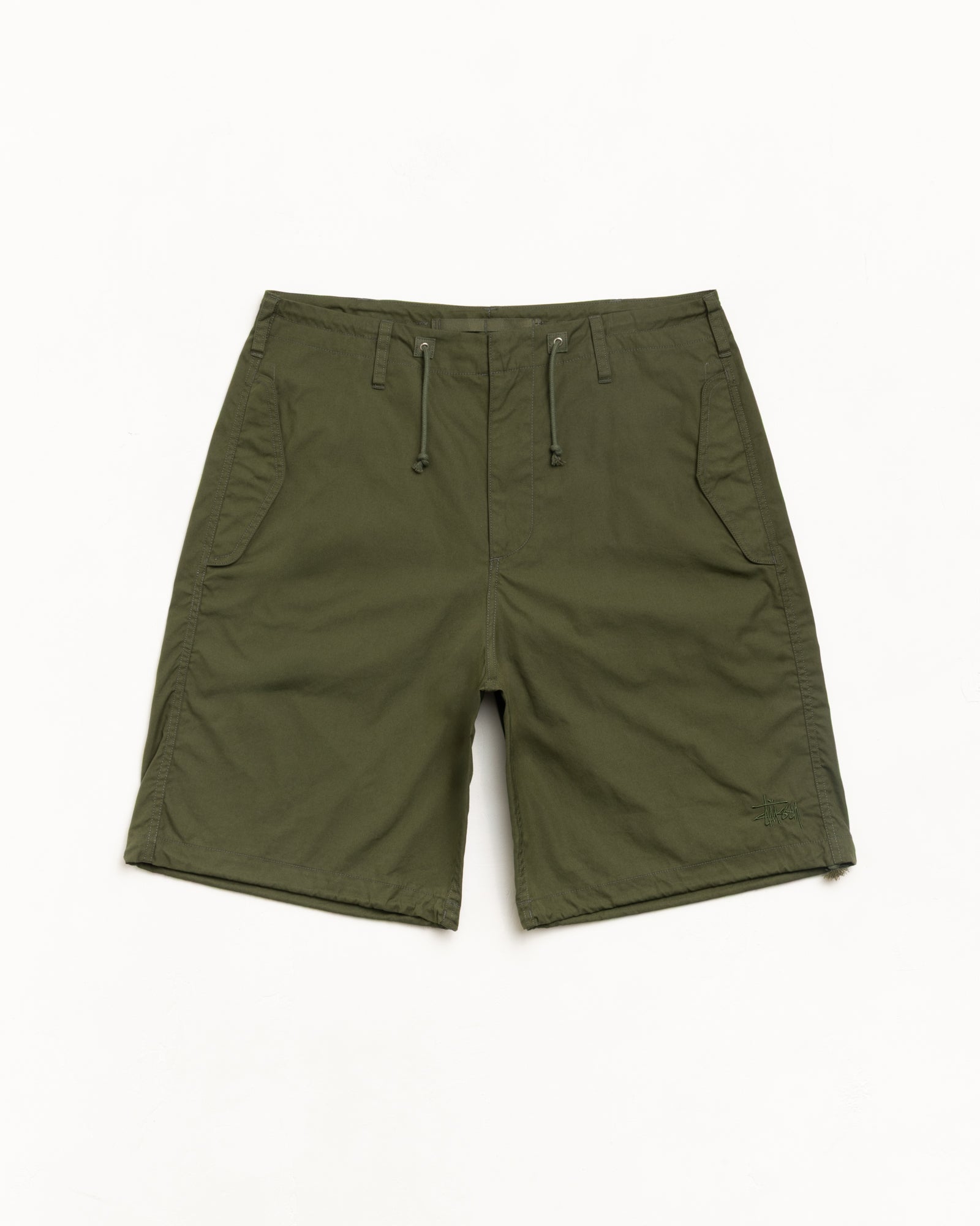 Olive cotton-nylon utility shorts with drawcord waist, zip fly and tonal logo embroidery