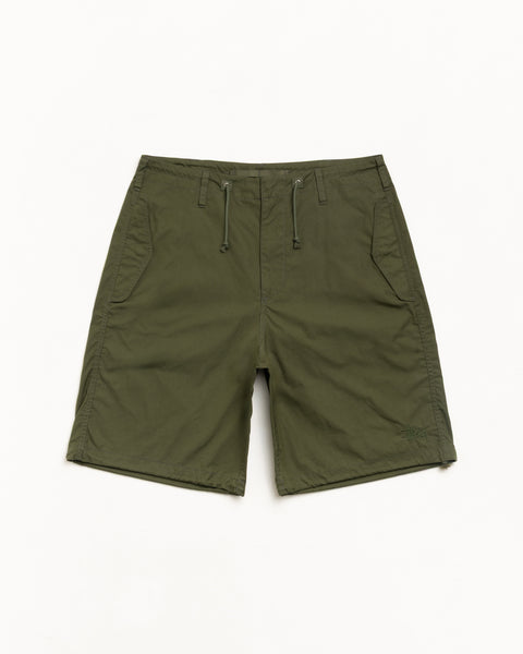 Olive cotton-nylon utility shorts with drawcord waist, zip fly and tonal logo embroidery