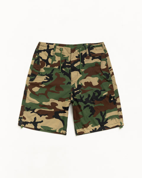 Woodland camo shorts with drawcord waistband and slant pockets