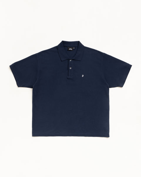 Navy pique short-sleeve polo with ribbed collar, button placket and small chest logo